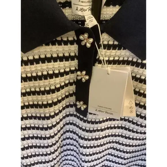 & other stories Navy White Silver Lurex Striped Knit Polo Long Sleeve Sweater S - Picture 2 of 6